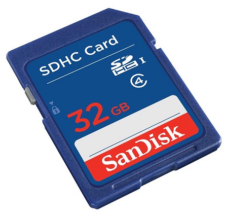 Karta pamięci Sandisk SDHC o pojemności 32GB - klasa szybkości 4 pozwala na osiąganie minimalnej prędkości zapisu na poziomie 4 MB/s.